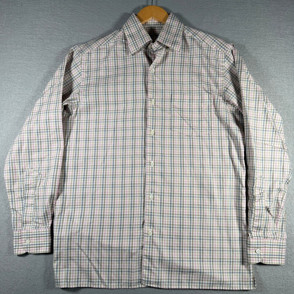 Ermenegildo Zegna Mens Plaid Button Down Shirt Pink Tan Cotton Size M 13441